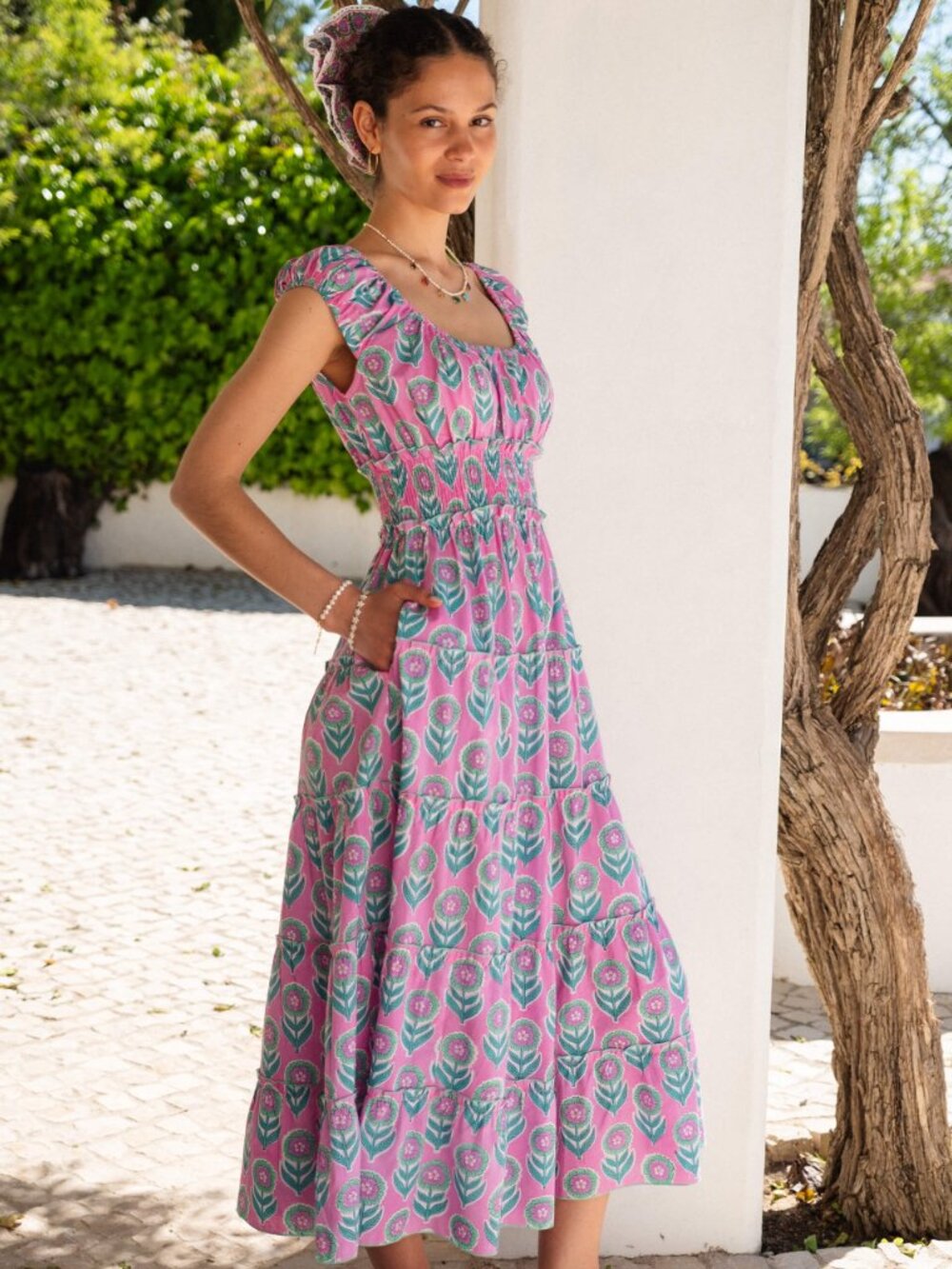 Pink City Prints Buta Rah Rah Smocked Tiered Stamped Floral Print Midi Dress - Picture 9 of 9